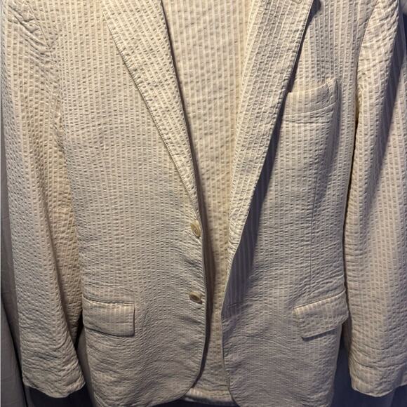 Theory Cream& white Suit-jacket & pants Coat with Seersucker Texture - Picture 5 of 7